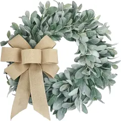 22-24 Inch Flocked Lambs Ear Wreaths - Burlap Bow