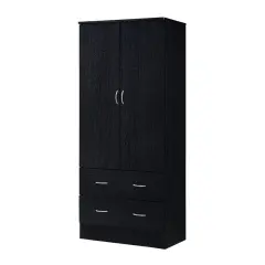 Tall Black Bedroom Wardrobe Armoire with Hanging Rod and Drawers 2 Door Clothes Storage Cabinet
