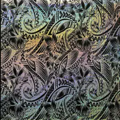 1 Yard Hibiscus Plumeria Polynesian Tattoo Polyester Foil Fabric, 36" x 60" Yard Unique Floral Shine for Apparel & Crafts Black & Silver