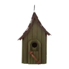Dark Green Wood Hanging Birdhouse with Shingle Roof and Back Clean Out Panel