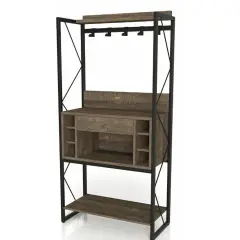 Oak Farmhouse Backer's Wine Rack with Iron Frame, Adjustable Hooks and 6 Bottle Storage