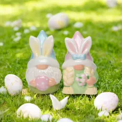 Ceramic Easter Bunny Gnome Holding Egg Salt and Pepper Shakers, Easter Decor, Fairy Garden Decor, Spring Decor, Gnome Collector Gift