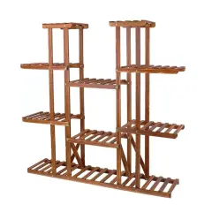 Brown Solid Wood 6-Tier Pedestal Plant Stand with Carbonized Finish