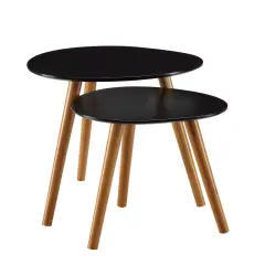 Set of 2 Black Nesting Tables with Piano Finish Tops and Solid Wood Legs for Living Room