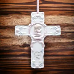 Ceramic Cross Girl With Pink Ribbon Wall Decor, Religious D&eacute;cor, Religious Gift, Church D&eacute;cor, Church Gift, Baptism Gift