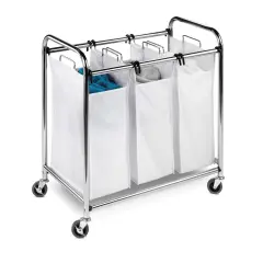 Metal Laundry Sorter Cart with 3 Poly-Cotton Bins and Lockable Casters