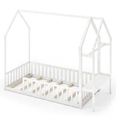 Twin House Floor Bed Montessori Bed Frame with Storage Shelf-White