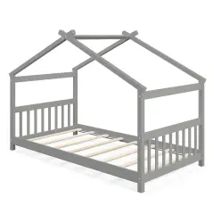 Wooden Twin Size House Bed with Roof Frame for Kids Bedroom Grey