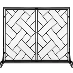 Best Choice Products 44x33in 2-Panel Handcrafted Wrought Iron Geometric Fireplace Screen w/ Magnetic Doors Black