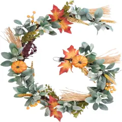 5ft Silk Lambs Ear Pumpkins Garland with Lights ,Fall Leaves Garlands for Mantle