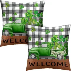 St Patricks Day Pillow Covers 18x18 Set of 2 Green Lucky Truck Filled with Shamrock Decorative Pillow Covers Buffalo Plaid Truck