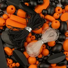 John Bead Craft Wood Beads with Elastic Nylon Cord, 90g Black and Orange