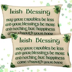 2 Pcs St. Patrick's Day Irish Blessing Pillow Covers Green Clover Quote Decorative Throw Pillow Cover Case Linen