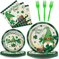 96 Pcs St. Patrick&rsquo;s Day Plates and Napkins Green Shamrock Gnome Lucky Tableware Set Irish Festival Party Supplies Table Decorations for 24 Guests