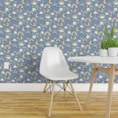 Pre-Pasted Wallpaper 2FT Wide Celestial Baby Moon Stars Cloud Pastel Rainbow Cozy Dreamy Crescent Moon Blue Light Yellow Custom Pre-pasted Wallpaper by Spoonflower