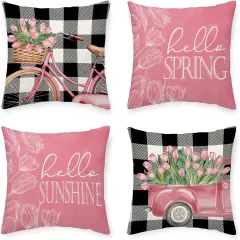 Hello Spring Pillow Covers Flowers Pink Tulip Bicycle Truck Pillowcases Spring Farmhouse Decorations, 18 x 18 Inch Cushion Case for Sofa Couch Set of 4