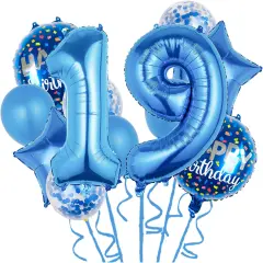 11 pcs Foil Balloons 19 Year Old for 19th Birthday Party Supplies Decoration (19th, Blue)