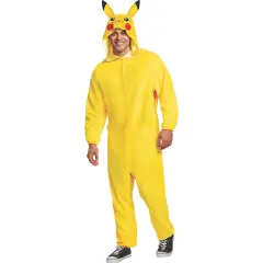 Adult Pikachu Costume Yellow Jumpsuit Character Hood and Lightning Tail