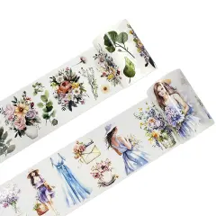 Wrapables Aesthetic Floral Fashion PET Washi Tapes for Scrapbooking, Stationery, Journaling, Diary, Card Making (Set of 2), Blue and Lavender