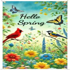 Spring Door Cover 71x35 Inch Bird Flower Door Banner Hello Spring Seasonal Front Door Decoration for Welcome Holiday Spring Summer Easter Decor Indoor Outdoor