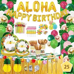 Hawaiian Party Decorations Kit For Adults - "ALOHA"&"HAPPY BIRTHDAY" Banner, Balloons, Cake Topper, Straws, Table Skirt, Dinnerware Set For 25 Guests