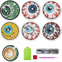 6 Pcs DIY Diamond Art Painting Big Eyes Coasters with Holder, Evil Eyes Coasters Diamond Art Kits for Adults Beginners. Diamond Craft Supplies Coasters for Drinks
