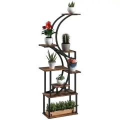 S-shaped Wooden 8-Tier Flower Plant Stand Carbonised black