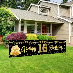 Happy 16th Birthday Banner Decorations for Boys, Black Gold 16 Birthday Signs Party Supplies, Sweet Sixteen Birthday Party Decor for Outdoor Indoor