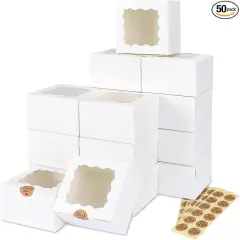 50pcs White Cookie Boxes with Window, 4x4x2.5 Inches Bakery Boxes with 5pcs Stickers for Small Cookies, Treats, Desserts, Chocolate Covered Strawberries, Mini Cake