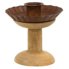 Brown Wooden Spool Taper Candle Holder and Rustic Metal Fluted Pan