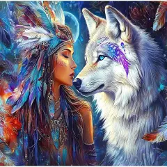 Wolf Diamond Painting Kits for Adults, Indian Woman & Wolf Diamond Art Kits for Adults Beginner, DIY Diamond Dots Paint by Diamonds Art and Crafts for Hobbies, Gifts, Home Art Decor 12x16 inch