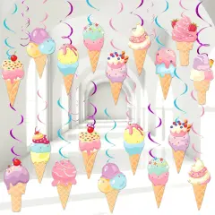 58Pcs Ice Cream Party Hanging Swirls Ice Cream Birthday Party Decoration Summer Creams Theme Ceiling Streamers Colorful Swirl Dessert Cone Streamers