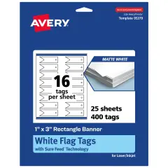 Avery Printable Banner Rectangle Flag Tags, Sure Feed Technology, 1" x 3", Matte White Cardstock, Print-to-The-Edge, Laser/Inkjet Printable, 400 Total