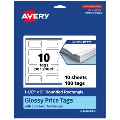 Avery Printable Rounded Rectangle Price Tags, Sure Feed Technology, 1-1/2" x 3", Glossy White Cardstock, Print-to-The-Edge, Laser/Inkjet Printable, 100 Total