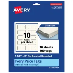 Avery Printable Perforated Rounded Rectangle Price Tags, Sure Feed Technology, 1-1/2" x 3", Matte Ivory Cardstock, Print-to-The-Edge, Laser/Inkjet Printable, 100 Total