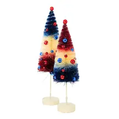 Bethany Lowe 11.0 Inch Americana Rocket Bottle Brush Patriotic Decorative Tree Set , Multi Seasonal Decor St/2 Red Cream Blue Trees Multicolored