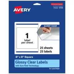 Avery Glossy Clear Square Labels with Sure Feed, 8" x 8"