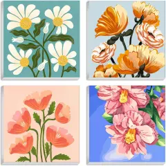 Flowers Paint by Number for Adults Canvas Framed, 4 Pack 10"x10" Easy Framed Paint by Number Kits for Beginner Kids, DIY Simple Flowers Acrylic Oil Painting Number Kits with Frame