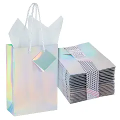20-Pack Small Metallic Gift Bags with Handles, 5.5x2.5x7.9-Inch Paper Bags with Foil Coating, White Tissue Paper Sheets, and Tags for Small Business (Holographic) Silver