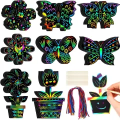 80 Pcs Spring Scratch Cards Rainbow Flower Butterfly Scratch Paper for Kids Rainbow Flower Crafts with Bamboo Stylus and Ribbon