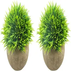 Mini Artificial Plants, Plastic Fake Green Grass Faux Greenery Topiary Shrubs with Grey Pots for Bathroom Home Office D&eacute;cor, House Decorations (2)