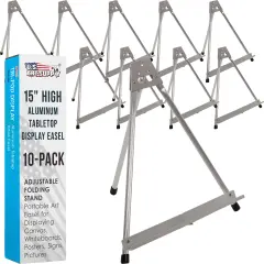 15" High Aluminum Tabletop Display Easel for Painting (10 Pack), Adjustable Folding Stand - Portable Art Easel for Displaying Canvas, Whiteboards, Posters, Signs, Pictures, Paintings