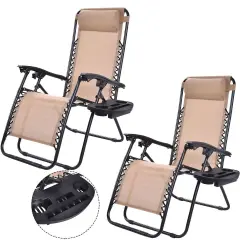 Set of 2 Folding Zero Gravity Recliner Chairs with Cup Holder Tray and Headrest for Patio or Lawn Beige