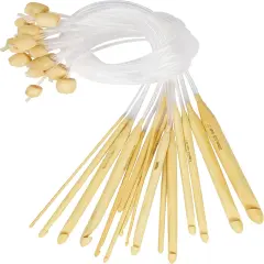 Bamboo Wood Crochet Hooks with Plastic Cable (16 Pairs) - 2-12mm Sizes - Tunisian Hook Needles Set with Bead Ends - for Knitting Yarn, Weave Craft and Crocheting Projects