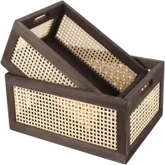 Rattan Storage Baskets, Wicker Storage Baskets for Shelves, Wooden Crate. (Brown-Set2)