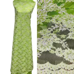 1 Yard Corded Bridal Lace Fabric Embroidered on Net Mesh 54" Width Lime Green with Slvr