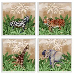 Stupell Industries Jungle Animals & Palms 4 pc Framed Giclee Wall Art Set Design by Paul Brent