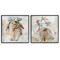 Stupell Industries Soft Spring Floral Bunnies 2 pc Framed Giclee Wall Art Set Design by Steller Design Studio