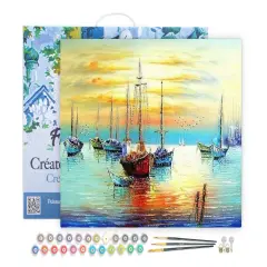Figured'Art Paint by Numbers Kit for Adults with Frame Sailboats at the Port 16"x20" - Craft Art Painting DIY Kit Canvas Already Stretched on a Wooden Frame