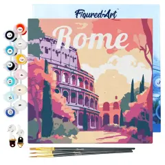 Figured'Art Mini Paint by Numbers Kit for Adults with Frame Travel Poster Rome Small format 8"x8" - Craft Art Painting DIY Canvas Already Stretched on a Wooden Frame